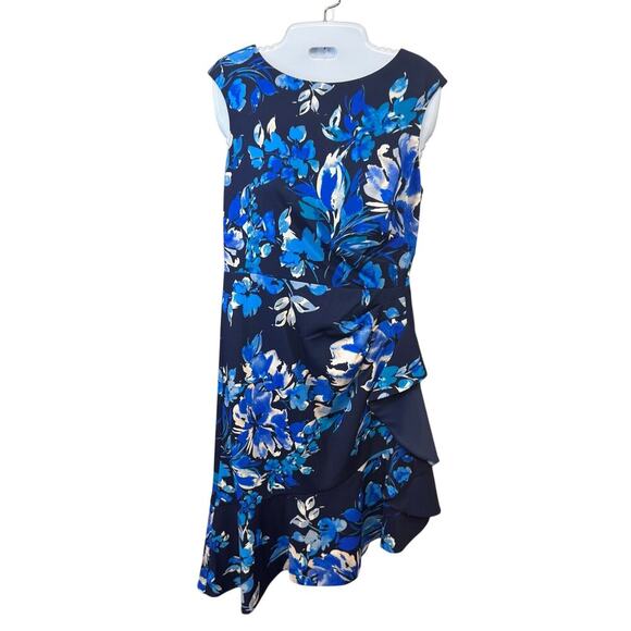 New ELIZA J Boat Neck Asymmetrical Cascade Ruffle Knee Length Sheath Dress Sz 8 - Picture 2 of 11